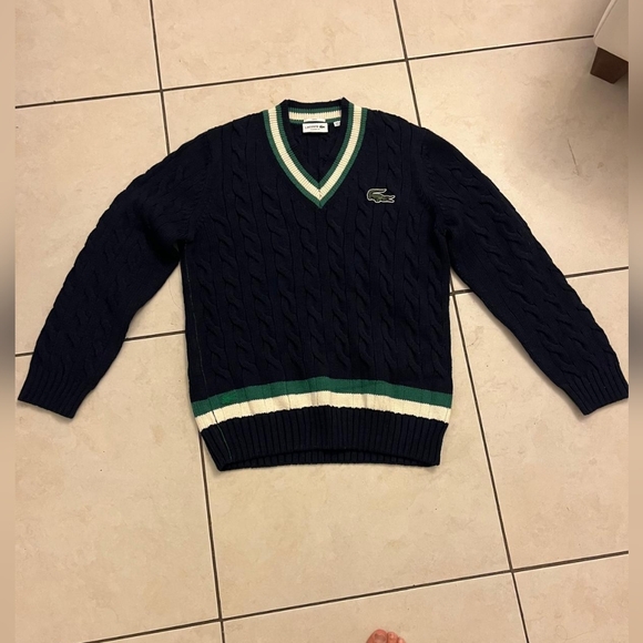 Lacoste Unisex V-Neck Sweater in Navy with Green and White Stripes, Used - Picture 2 of 3
